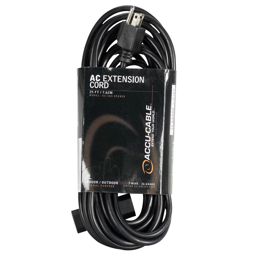 American DJ EC-163-3FER25 | 25' 16-Gauge Black Extension Cord with Triple Edison Outlets