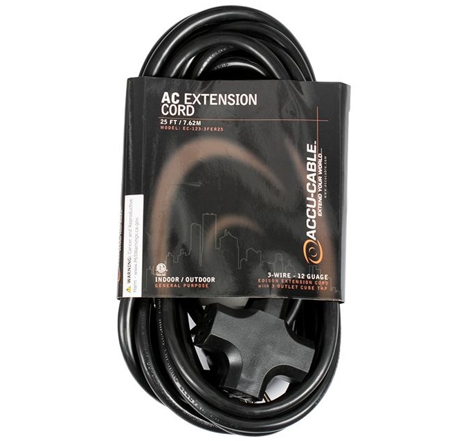 American DJ EC-123-3FER25 | 25' 12-Gauge Black Extension Cord with Triple Edison Outlets