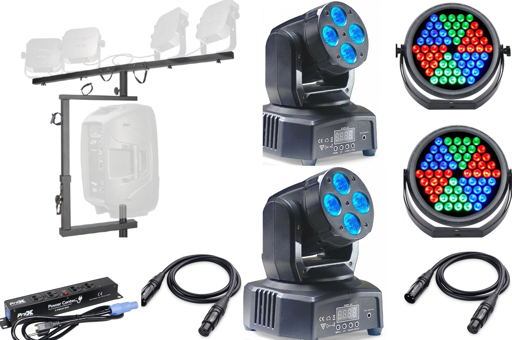 KPODJ Lighting Starter Pack III | T-Bar with Laser, Wash Lights, UV, Strobe, and Power Management