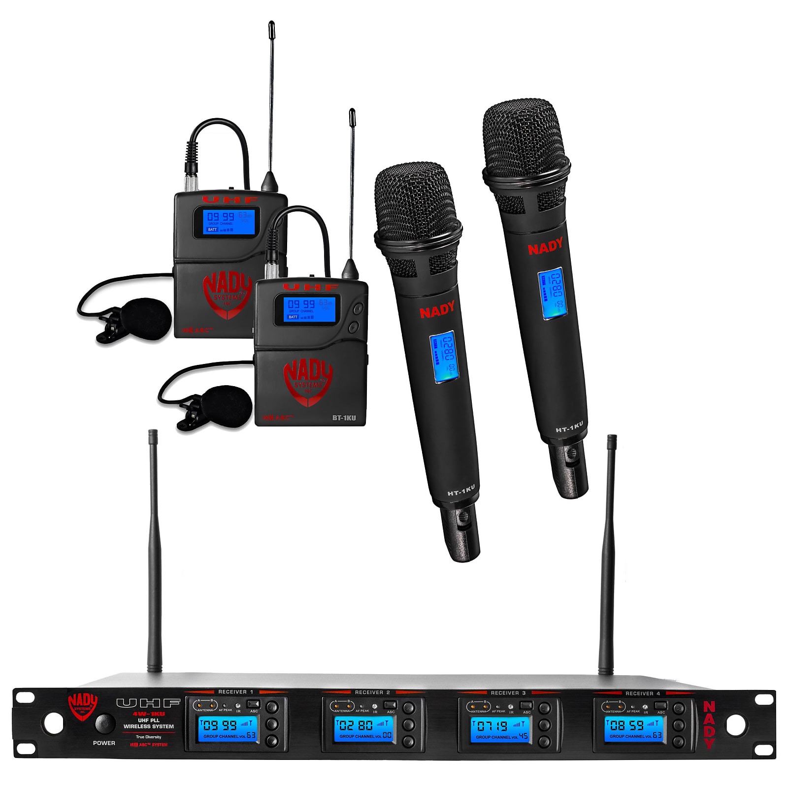 Nady 4W-1KU-HTLT | Quad UHF Wireless Receiver with Handheld / Lavalier Microphone System