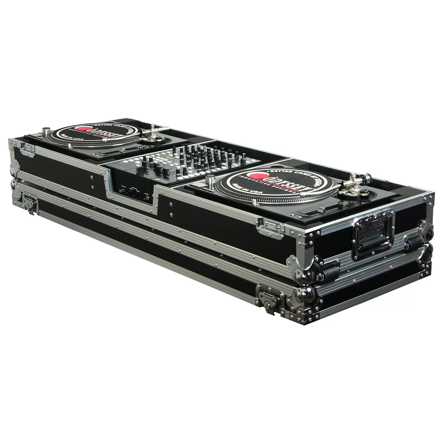 Odyssey FZDJ12W | 12″ Format DJ Mixer and Two Standard Position Turntables Flight Coffin Case with Wheels