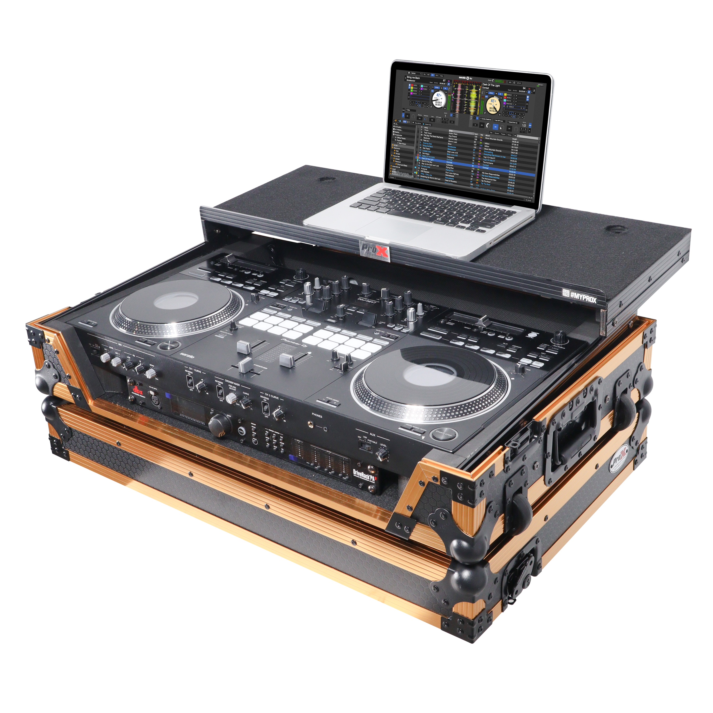 ProX XS-DDJREV7 WLT FGLD | Pioneer DDJ-REV7 DJ Controller with Laptop Shelf Wheels and 1U Rack Space Gold Black Finish