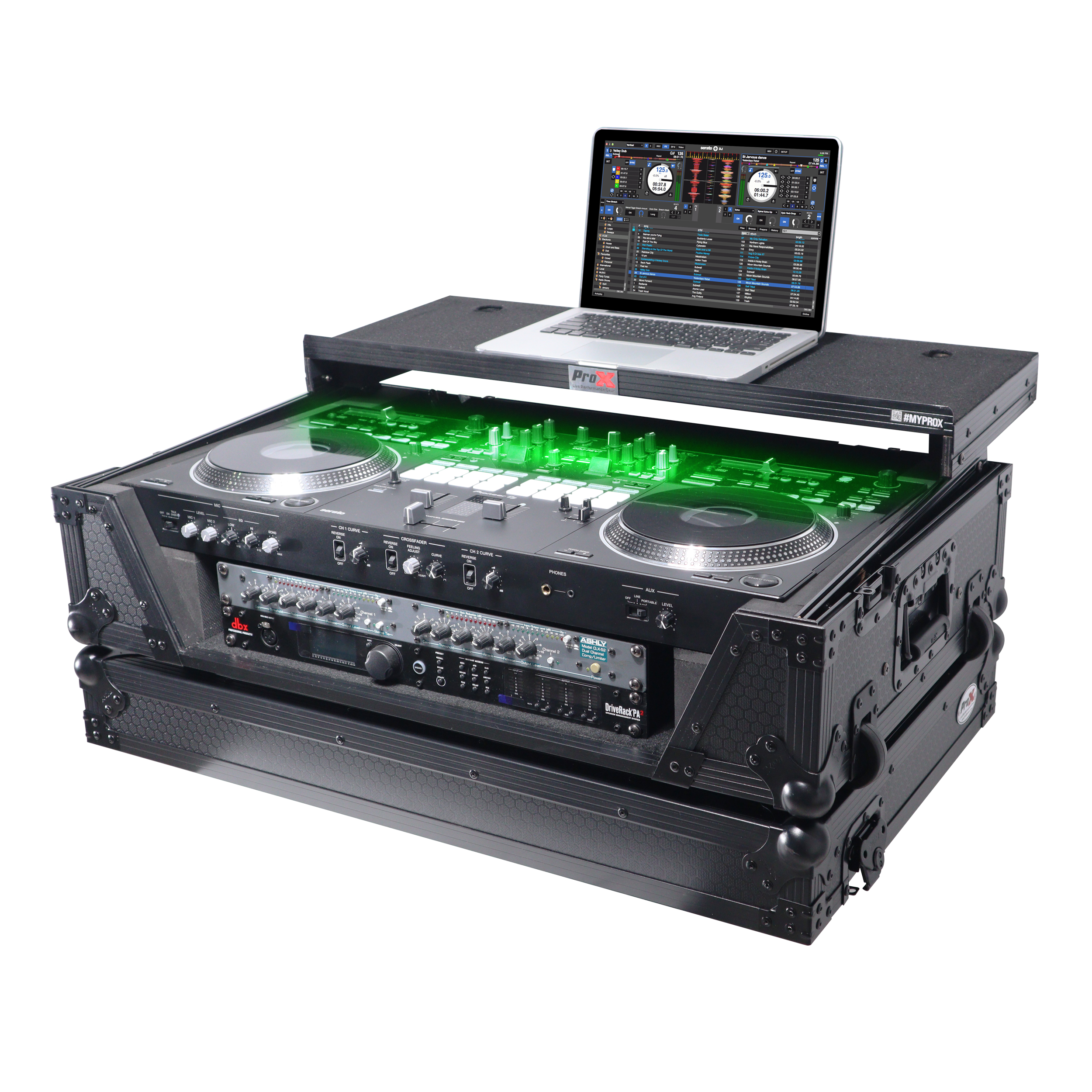 ProX XS-REV71K2U WLTBL LED | ATA Style Flight Case for DDJ-REV7 DDJ-1000 SRT DJ with 2U Rack, Laptop Shelf Wheels LED Black Finish